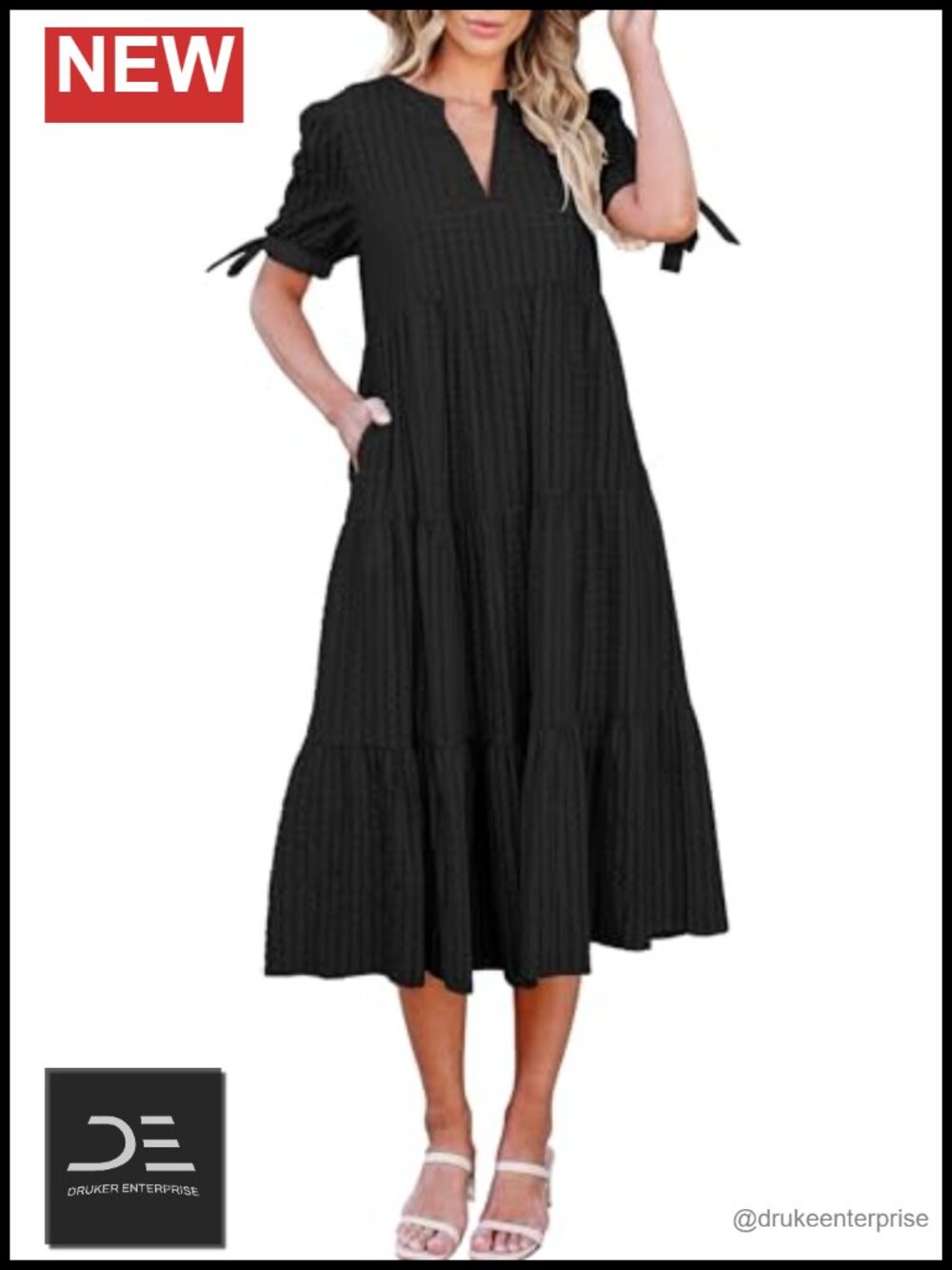 ECOWISH Women V Neck Short Sleeve Gingham Midi Pleated Tiered Loose Fit Dress